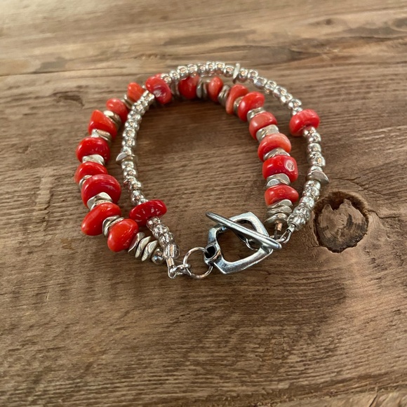 Coral agate & silver hand-made 1of a kind double-strand bracelet. - Picture 2 of 3